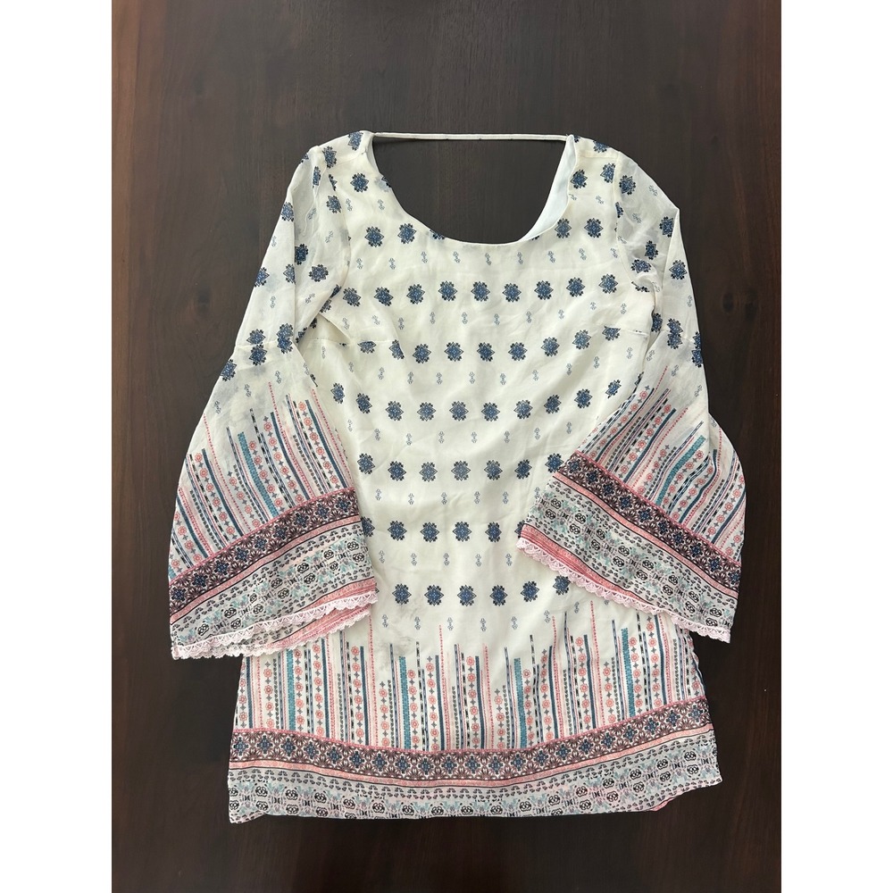 Xhilaration Womens Boho Medallion Print Bell Sleeve Mini Dress Cream Blue Pink M